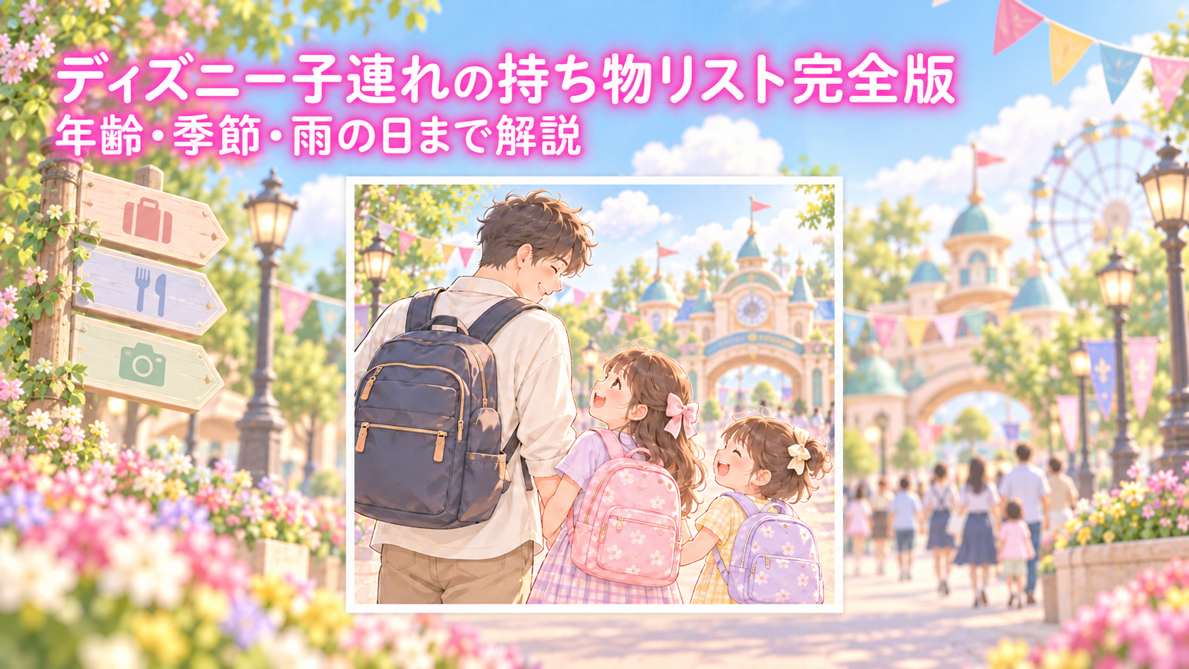 ディズニー子連れの持ち物リストを年齢・季節・雨の日・宿泊別に紹介する記事のアイキャッチ