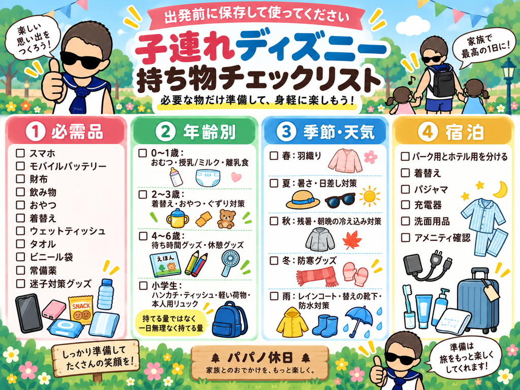 子連れディズニーの持ち物を必需品・年齢別・季節天気別・宿泊別にまとめたチェックリスト