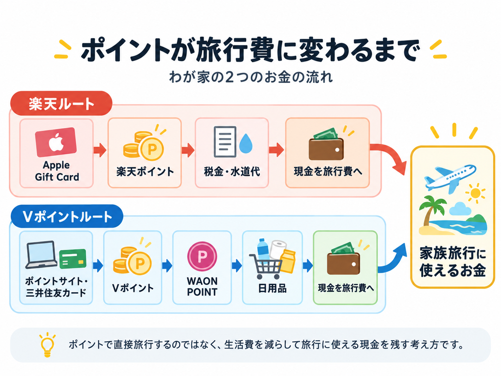 ポイントが旅行費に変わる流れを示した図。楽天ルートとVポイントルートの2つのお金の流れをまとめた図解