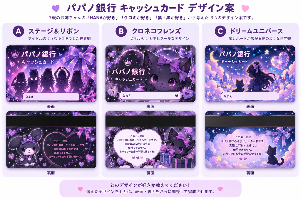 ChatGPTが提案した子ども用キャッシュカードの3種類のデザイン案
