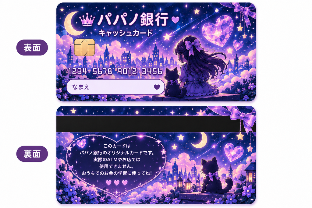 ChatGPTで作成したパパノ銀行キャッシュカードの表面と裏面