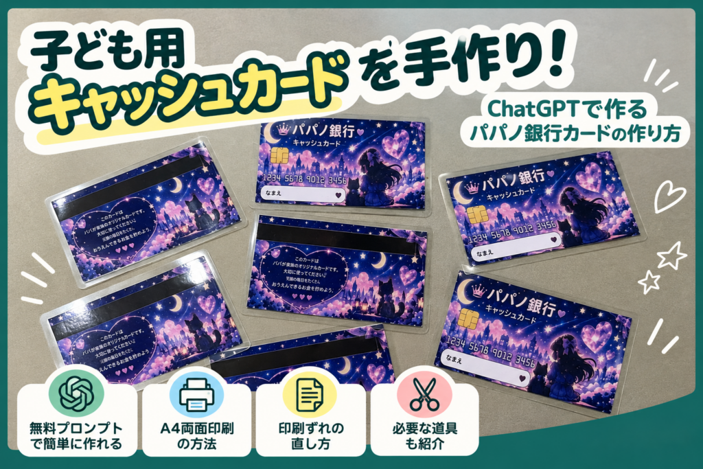 ChatGPTでデザインし、両面印刷・ラミネートして手作りした紫色のパパノ銀行キャッシュカード8枚