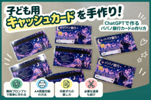 ChatGPTでデザインし、両面印刷・ラミネートして手作りした紫色のパパノ銀行キャッシュカード8枚